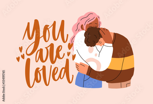 St. Valentine day card with love couple and romantic quote. Postcard background, template with phrase, biracial man and woman hugging together on 14 February holiday. Flat vector illustration