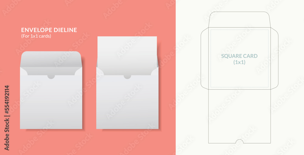 Envelope die cut template with cut lines.Envelopes mockup front and
