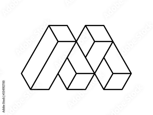 3d letter M logo template. Letter M made of rectangles. Impossible cubes shape. Linear isometric design element. Architecture construction building industry. Puzzle game. Vector illustration, clip art