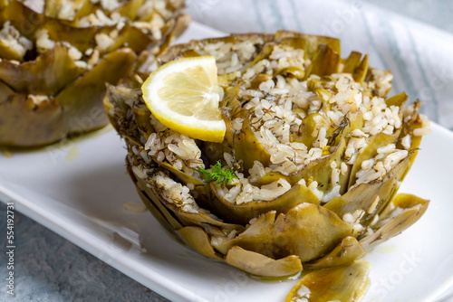 Fresh delicious stuffed artichoke, best Turkish food. Turkish name; Zeytinyagli Enginar Dolmasi photo