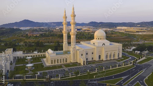 Aerial beautiful sunrise time lapse view of  a mosque in Negeri Sembilan, Malaysia. Prores 4KUHD Timelapse. photo