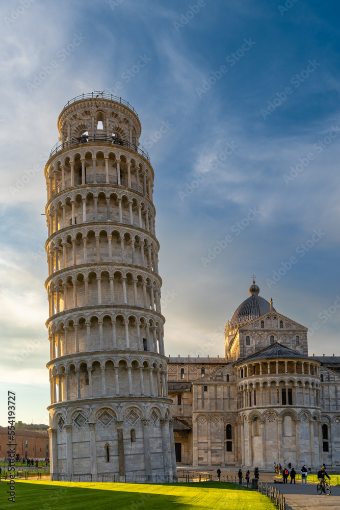 the Leaning Tower of Pisa and the Cathedral in warm evening light