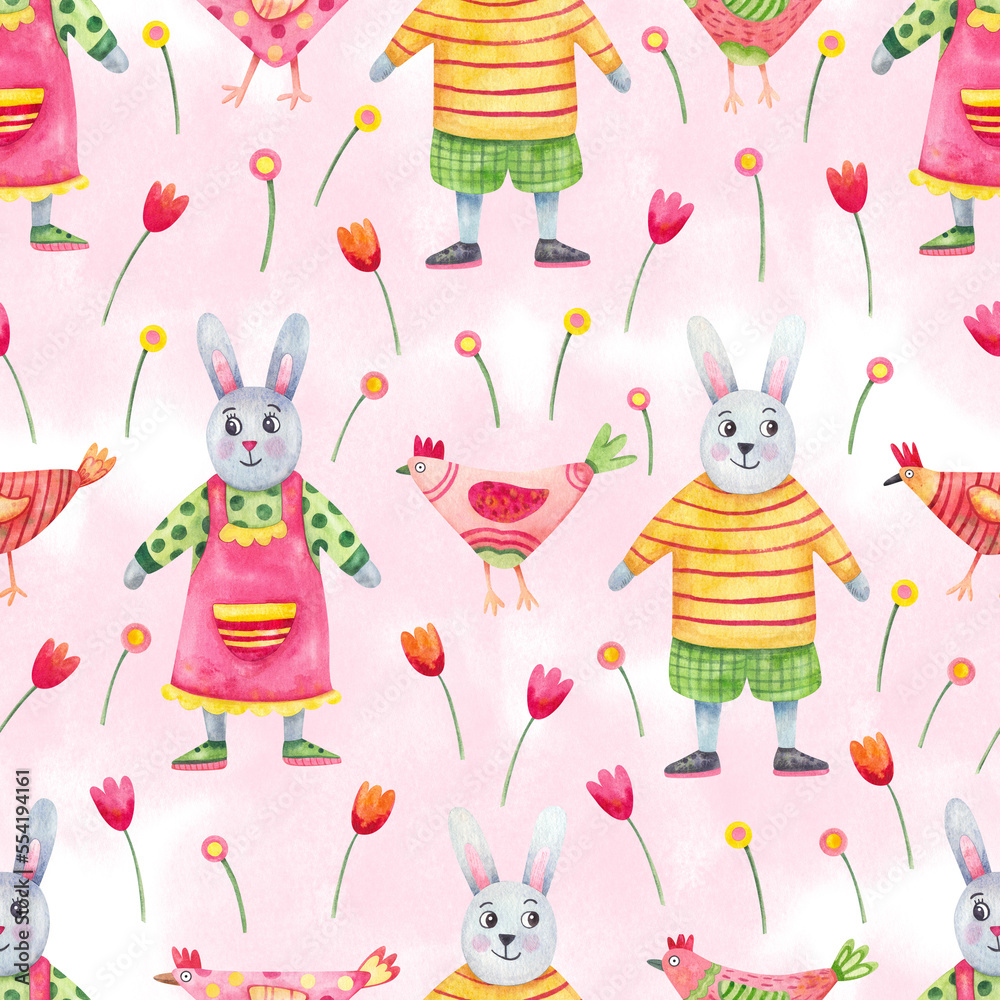 Easter seamless pattern with funny hens and bunnies or rabbits on pink background. Spring design. Watercolor hand painted illustration
