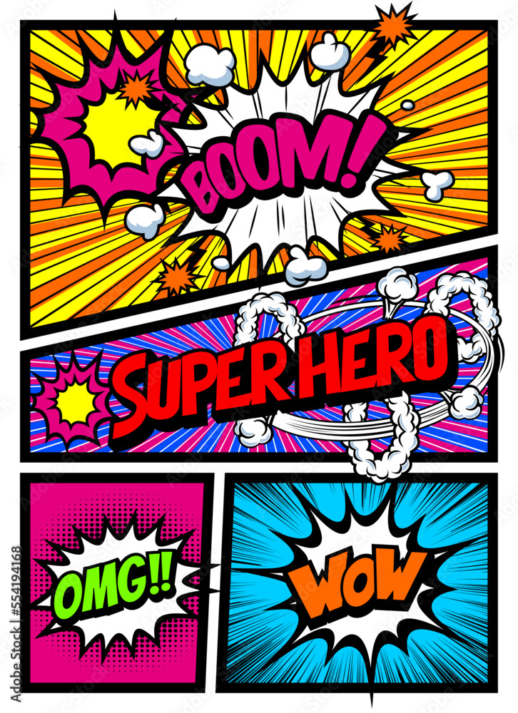 Obraz premium アメコミ風コマ割り素材 Retro pop art comics book magazine, speech bubble, balloon, box message , Super Hero.