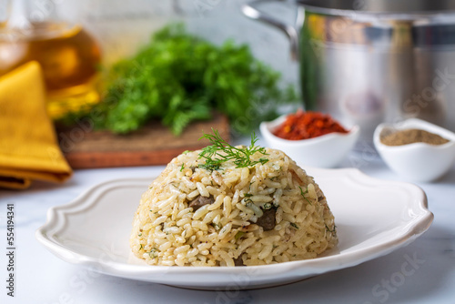 Traditional delicious Turkish food; rice pilaf with pine nuts and currants (Turkish name; ic pilav or pilaf)