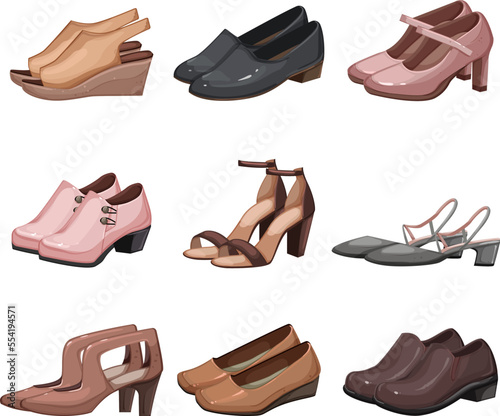 woman shoes set cartoon. fashion female, style beauty, high shoe, footwear girl, heel woman shoes vector illustration