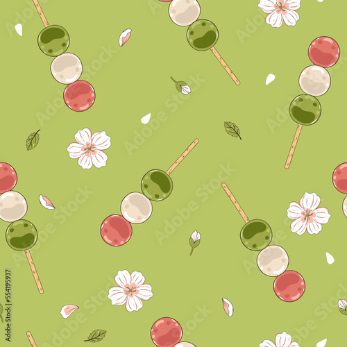 Seamless pattern with Japanese dango dessert and flowers. Vector graphics.