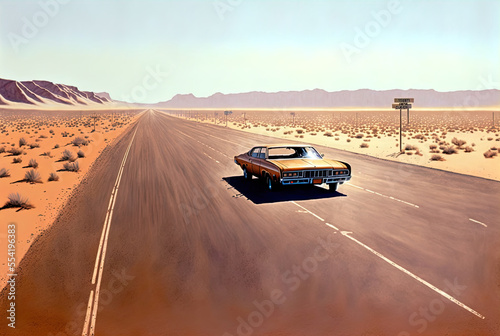 A lone car on a deserted road. 