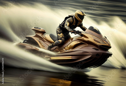 Person rides aqua jet very fast. Dangerous water sports. © Ivan