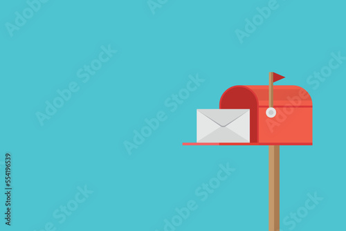 Red mailbox send letter. Mail delivery with envelope. Vector illustration