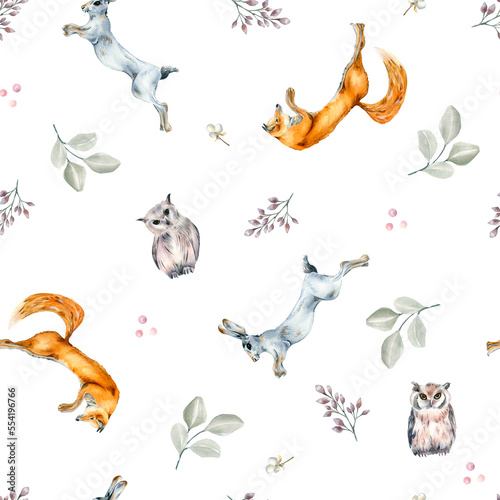 Wild animals, hare, fox, owl and plants watercolor seamless pattern isolated on white.