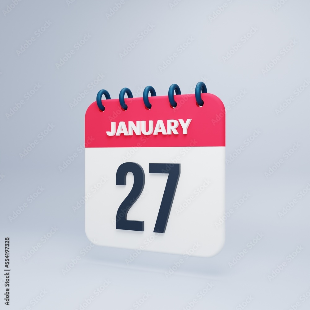 January Realistic Calendar Icon 3D Illustration Date January 27 January Realistic Calendar Icon 3D Illustration Date January 27