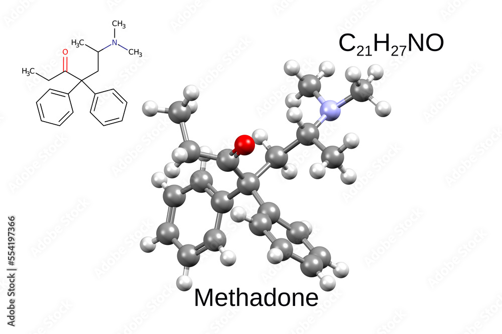 Chemical formula, skeletal formula and 3D ball-and-stick model of synthetic opioid agonist methadone