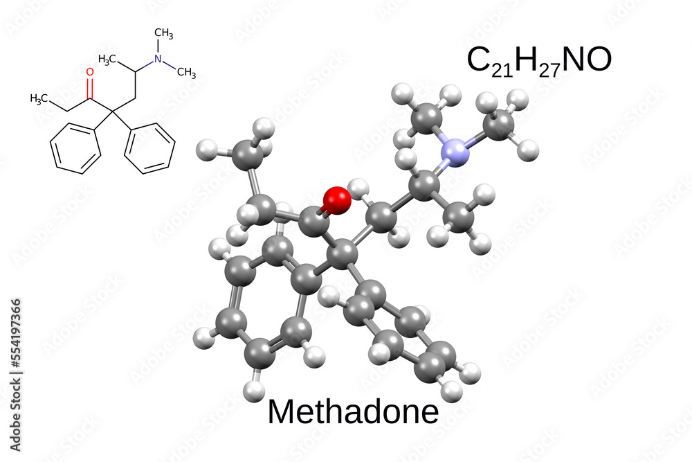Chemical formula, skeletal formula and 3D ball-and-stick model of synthetic opioid agonist methadone Chemical formula, skeletal formula and 3D ball-and-stick model of synthetic opioid agonist methadone