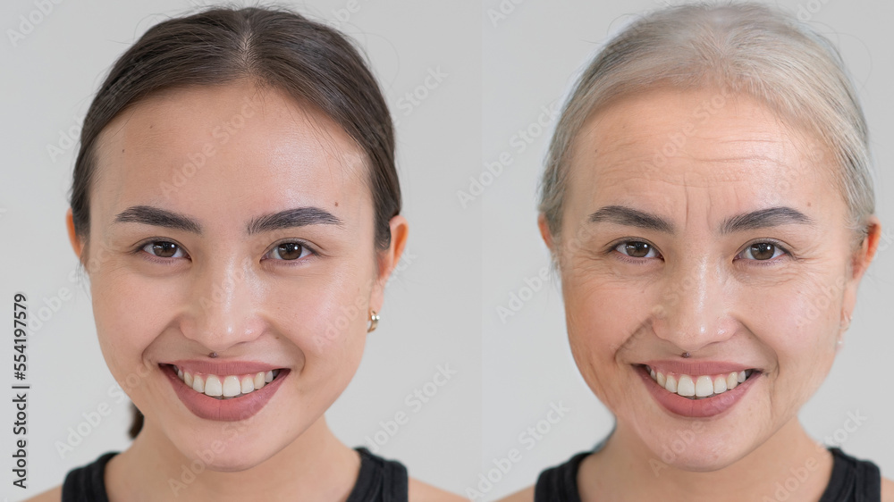 Portrait of a smiling young Asian woman and her old copy. Beauty concept before and after. Portrait of a smiling young Asian woman and her old copy. Beauty concept before and after.
