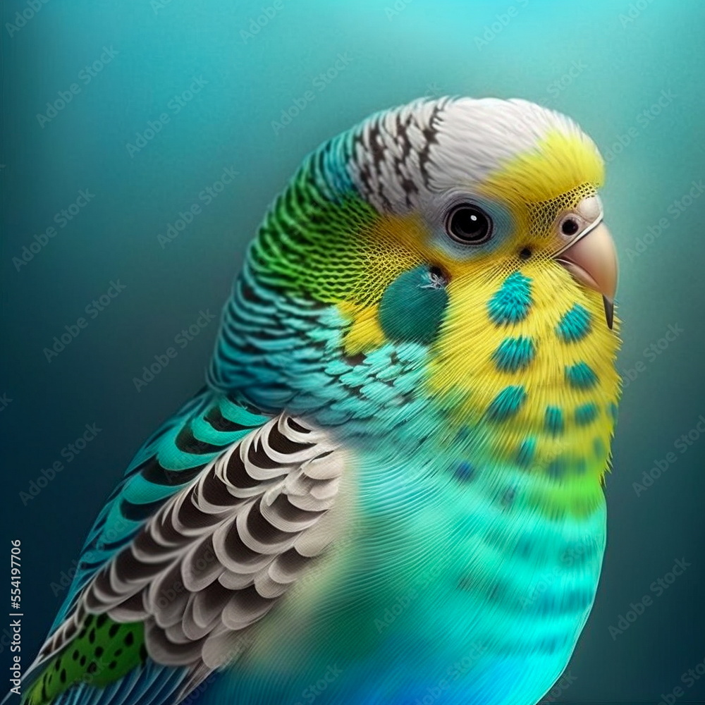 Beautiful budgie portrait. AI generated photorealistic illustration. Not based on original images, characters or people