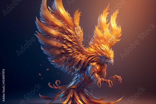A golden phoenix with five tails flies in the sky