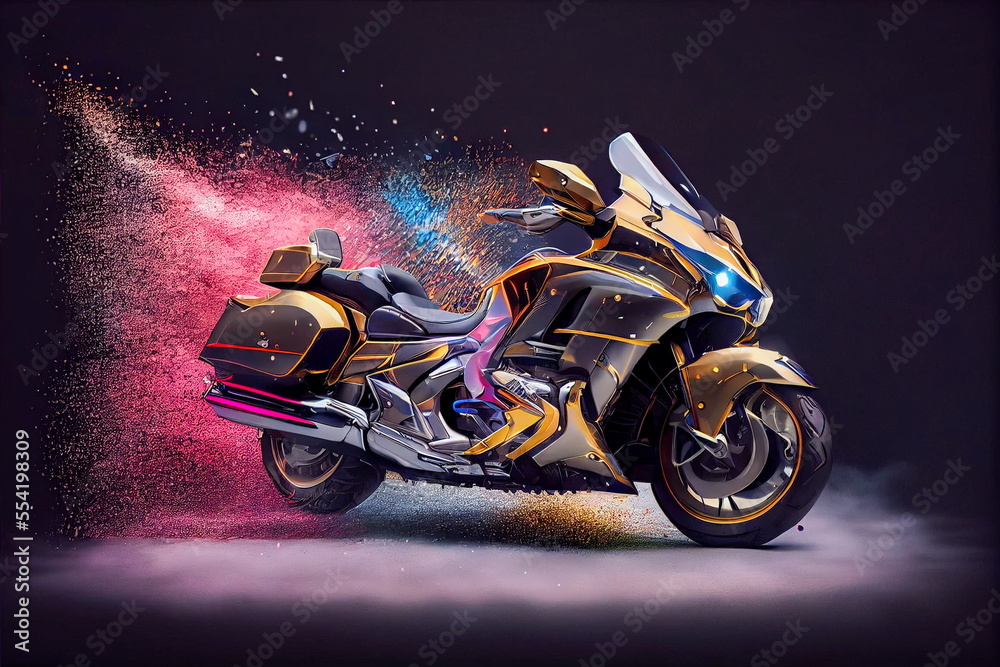 Avengers Infinity Wars disintegration effect, motorcycle photography, floating full motorcycle concept art, Honda Goldwing with gold and silver color