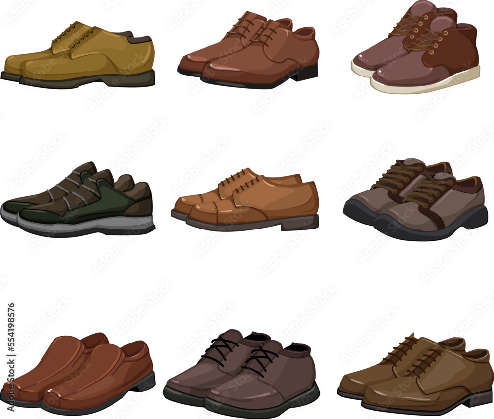 man shoes set cartoon. male leather, footwear style, brown casual, business modern, elegant man shoes vector illustration man shoes set cartoon. male leather, footwear style, brown casual, business modern, elegant man shoes vector illustration