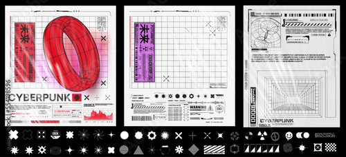 Collection of modern abstract posters. In acid style. Retro futuristic design elements, perspective grid, tunnel, circle. Black and white retro cyberpunk style. Retro futuristic vector flyers and card
