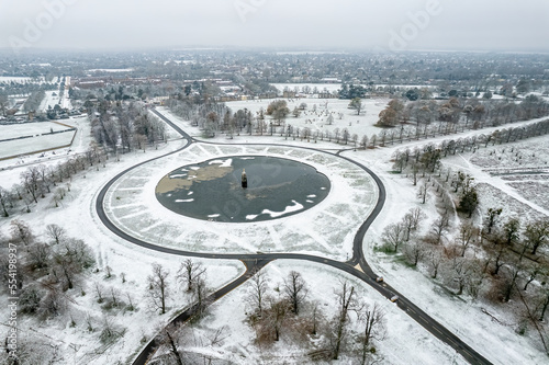 The drone aerial view of Diana fountain in Bushy Park in winter, London. Bushy Park in the London Borough of Richmond upon Thames is the second largest of London's Royal Parks.