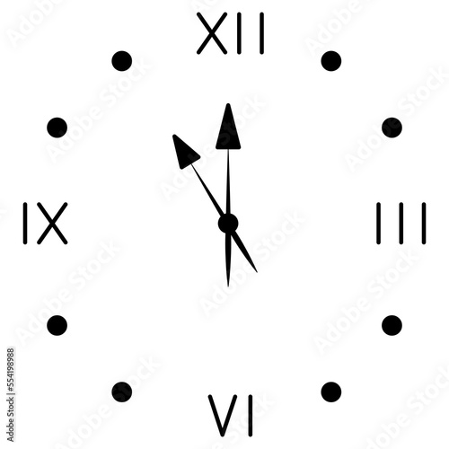 Wall Clock. Sketch. Five minutes to the new year. Vector illustration. Frameless dial with Roman numerals and hands. Time is running out. Hours, minutes, seconds. Outline on isolated background. 