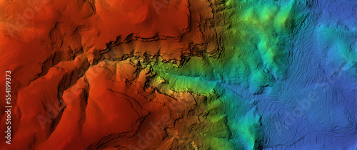 Concept de fond - Erosion - Vue aérienne de paysage vallonné territoire montagneux - Rendu 2d modèle numérique de terrain avec colorisation hypsométrique photo