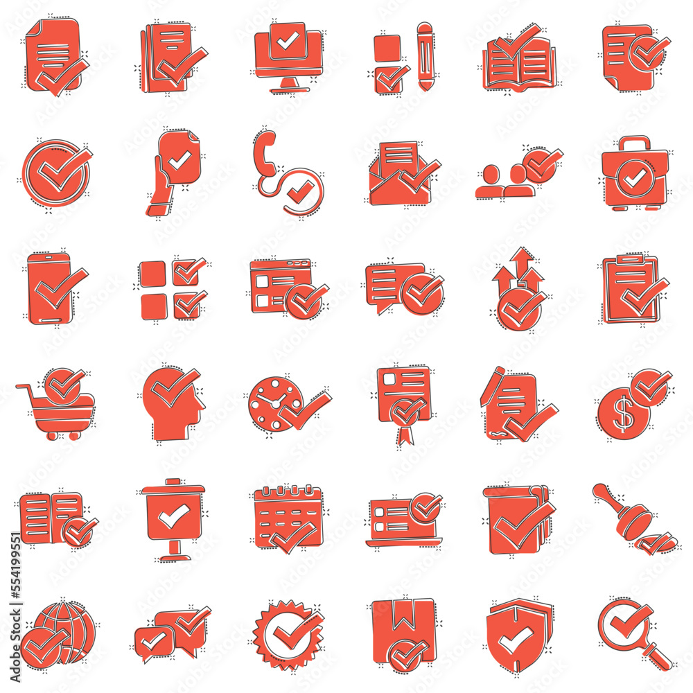 Approve icon set in comic style. Check mark cartoon vector illustration ...