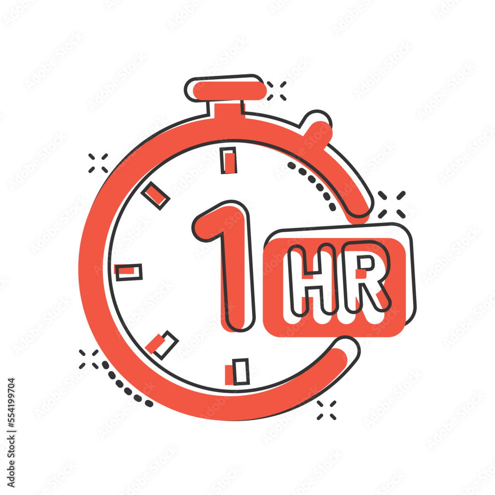 1 hour clock icon in comic style. Timer countdown cartoon vector illustration on isolated background. Time measure splash effect sign business concept. 1 hour clock icon in comic style. Timer countdown cartoon vector illustration on isolated background. Time measure splash effect sign business concept.