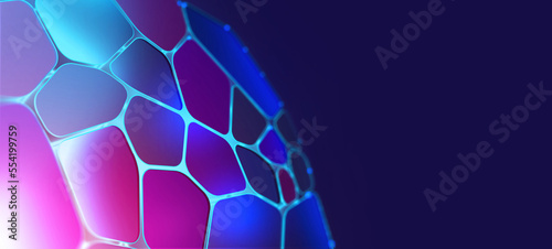 Cyberspace nanotechnology 3D illustration. Neon network of light cells photo