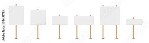 Picket sign, demonstration banners, public transparency, protest placard. Design blank boards with sticks, wooden holders template. Concept sign picket element