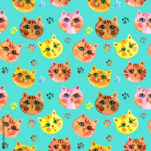 Cute Cat muzzle. Watercolour hand drawn illustration. Cats on a light turquoise background. For fabric  sketchbook  wallpaper  wrapping paper.