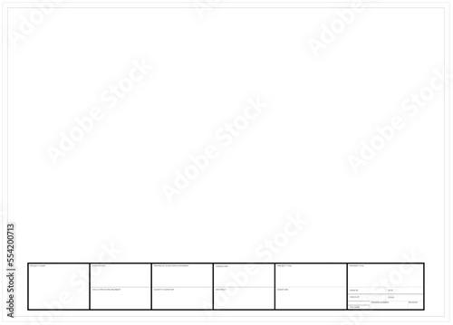 2D drawing title block on white background. Used to standardize submission of project drawings. Project information is placed at the bottom of the drawing horizontally. 