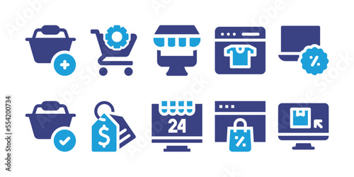 E-Commerce icon set. Duotone color. Vector illustration. Containing ecommerce, cart, online shop, laptop, price tag, online shopping.