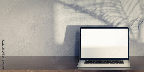 Laptop mockup on wooden table, grey plaster wall and palm tree shadow. Laptop with blank screen mockup. Front view laptop on work table, grey background. copy space