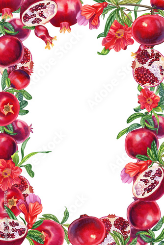 Watercolor red pomegranates and flowers frame. Card with hand drawn fruits and leaves. Wedding invitation and background in exotic style.