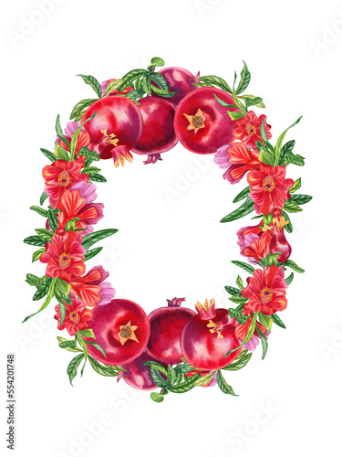 Watercolor red pomegranates and flowers wreath frame. Round card with hand drawn fruits and leaves. Wedding invitation and background in exotic style.