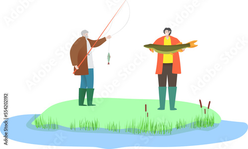 Friend male fisher character catch sea fish, man hold fishing rod and atlantic salmon isolated on white, cartoon vector illustration.