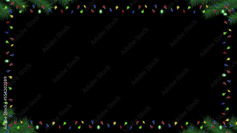 Christmas-themed frame with natural green garlands and twinkling lights on the alpha channel.
