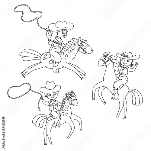 Cowboy and cowgirl on the horse. Vector cartoon outline children illustration. Coloring page for kids.