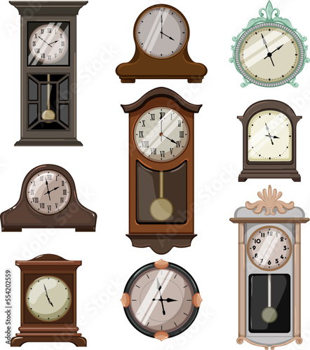 clock vintage set cartoon. time old, watch hour, retro antique, gear dial, alarm clock vintage vector illustration