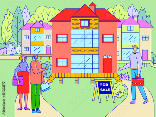 Male character realtor hold diplomat with document, lovely couple man woman watch house flat line vector illustration. Household area.