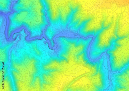 Concept de fond - Hydrographie - Vue aérienne des méandres d'une rivière en territoire montagneux - Rendu 2d modèle numérique de terrain avec colorisation hypsométrique  et courbes de niveau photo