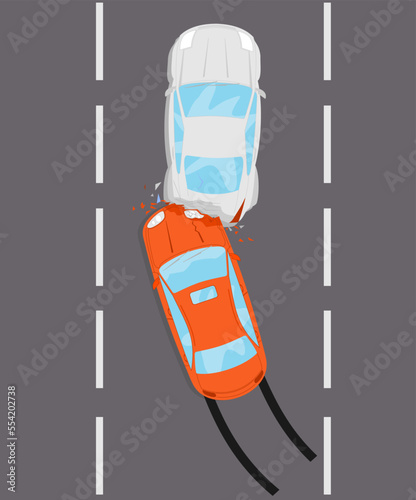 Road accident. Vector of two car accident top view of vehicle collision. Damaged transport. City drive disaster. Road collision. Car crash semi flat color vector illustration