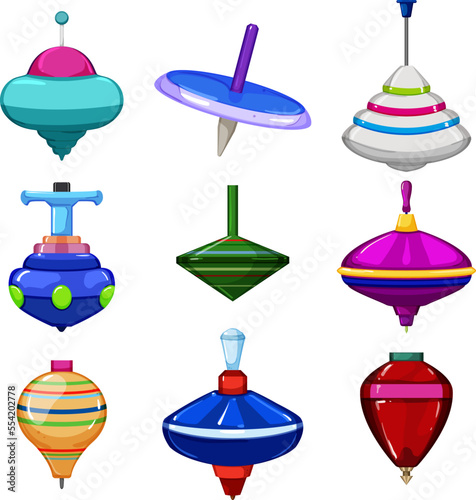spinning top toy set cartoon. whirligig game, play fun, spin colorful, leisure kid, playful spinning top toy vector illustration