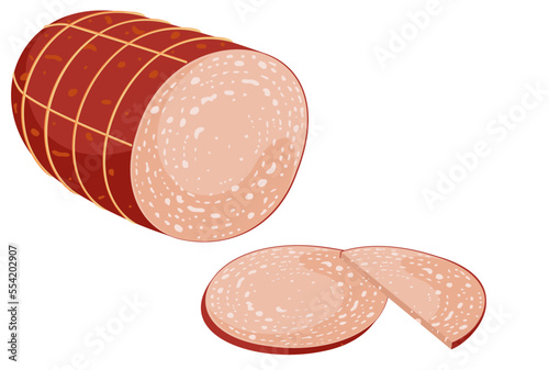 Mortadella salami cartoon. Meat sausage, bologna deli, pepperoni liver mortadella salami. Cooked and prepared meat product with slices. Vector illustration isolated on white background.
