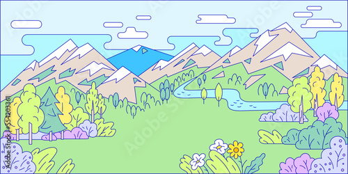 Landscape terrain view, river outdoor high mountain and national forest park woodland, hide peaceful location cartoon line vector illustration.