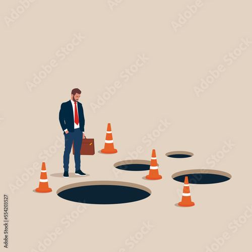 Businessman on steps leading to stock market crash, crisis, recession. Business failure.  Vector flat style cartoon illustration.