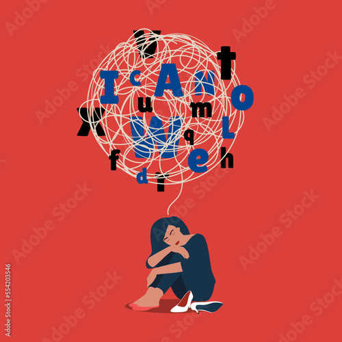 Confused businesswoman with a cloud of scattered letters above his head. Dyslexia concept. Learning disability. Support relief anxiety or depression. Mental health treatment or psychology support.