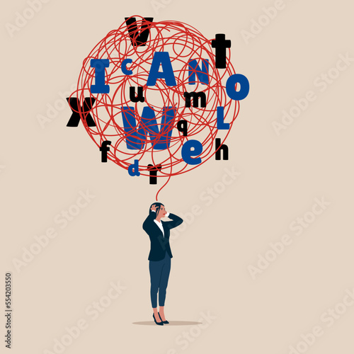 Confused businesswoman with a cloud of scattered letters above his head. Dyslexia concept. Learning disability. Support relief anxiety or depression. Mental health treatment or psychology support.